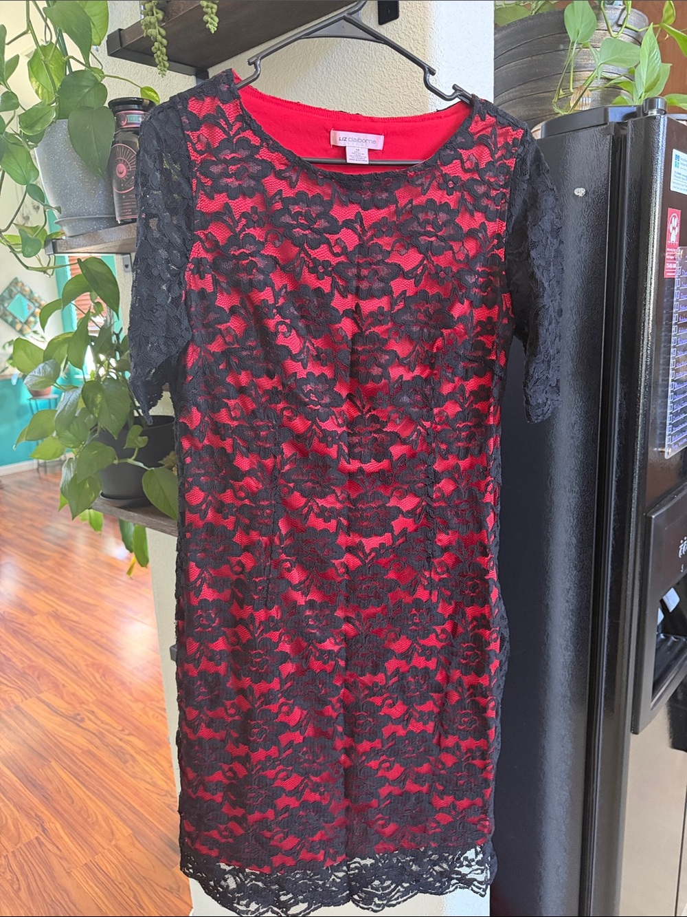 Liz Claiborne Red Dress with Black Lace Overlay